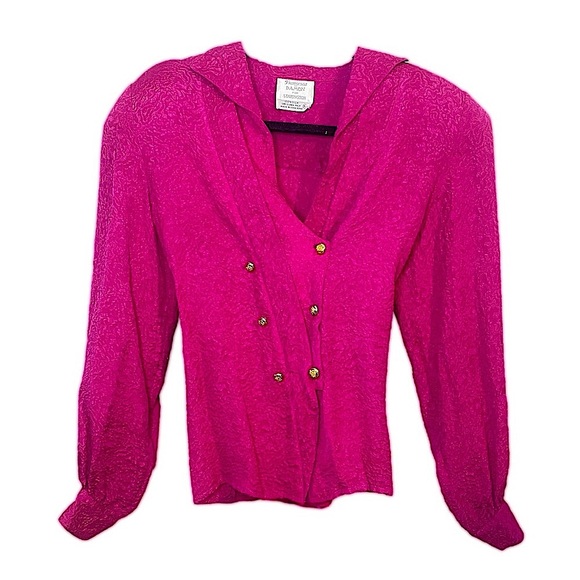 Vintage Silk Pink Button-Up Statement Shoulder Barbiecore Long Sleeve Blouse 10 - Picture 2 of 14